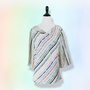 M Milano women top L pastel geometric 3/4 sleeves cowl neck artsy‎ career office